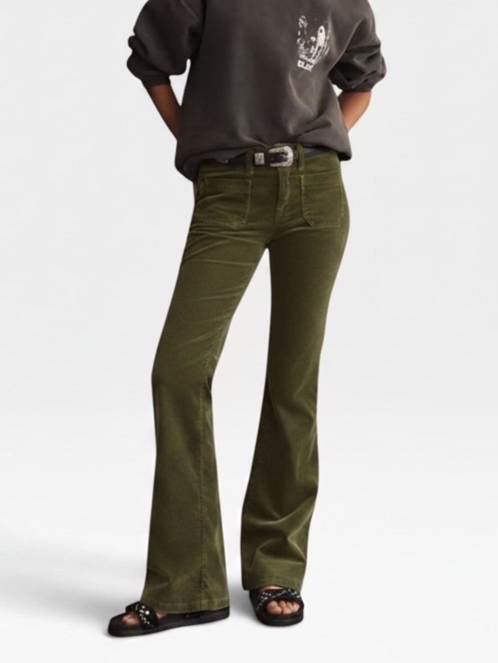 Anthropologie Pilcro Icon Flare Corduroy Denim Olive Green Pants Size 27